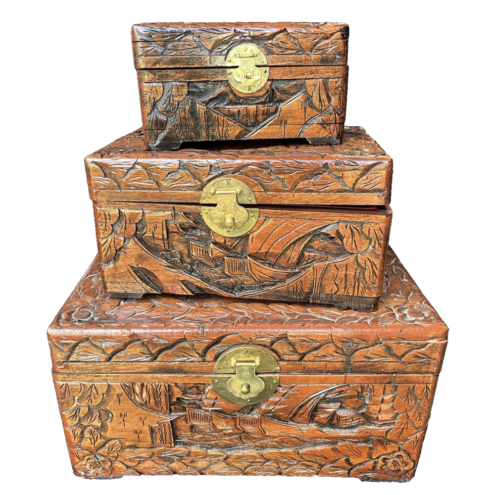 Antique Hand Made Carved Nesting Boxes Ornate Wood Brass Closure Set of 3